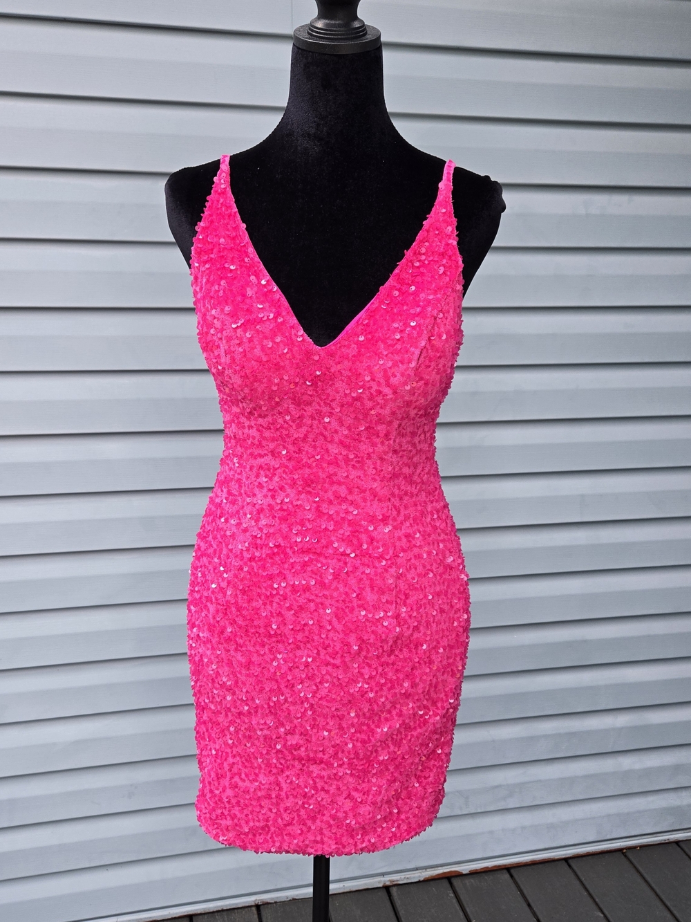 Hot Pink Sequin Bodycon Mini Dress V-Neck Party Homecoming Cocktail Women Size 4
